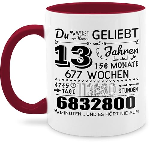 Tasse Tassen 325ml - 13 Jahre - Du wirst von Herzen geliebt | 13. Geburtstag | 13 Jahre Geburtstagsgeschenke | 13ter Geburtstagsgeschenke für Jungen und Mädchen - 325 ml - Bordeauxrot von Shirtracer