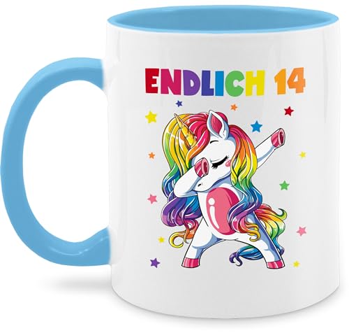 Tasse Tassen 325ml - 14. Geburtstag - Endlich 14 Jahre - Vierzehn Jahre Dabbing Einhorn - 325 ml - Hellblau von Shirtracer