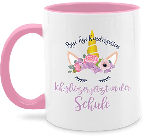Tasse Tassen 325ml - Einschulung Geschenk Schulanfang - Bye Bye Kindergarten ich glitzer jetzt in der Schule Blumen - 325 ml - Rosa - einschultasse schulanfangsgeschenke einhorn schulkind keramik von Shirtracer