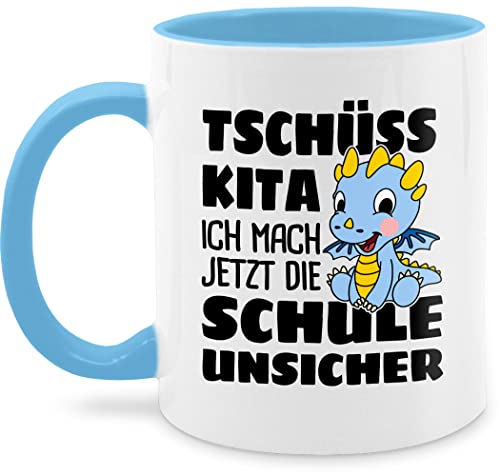 Tasse Tassen 325ml - Einschulung Geschenk Schulanfang - Tschüss Kita ich mach jetzt die Schule unsicher! Mit blauem Drachen - 325 ml - Hellblau - 1. klasse schulkind ende 2024 schulstart abschied von Shirtracer