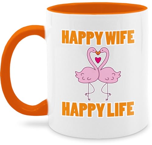 Tasse Tassen 325ml - Valentinstag Partner Freund & Freundin - Happy Wife Happy Life Flamingos - 325 ml - Orange - valwntinstagsgeschenk valtentinstagsgeschenk jahrestagsgeschenk von Shirtracer