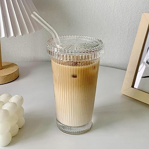 Gerippte Glasbecher mit Deckel und Strohhalm, 375ml Glas Smoothi-e Becher mit Strohhalm, Dickwandige und Robuste Kaffeebecher Travel Mug, Eiskaffee Becher, Trinkbecher Gerippte Glasbecher mit Deckel und Strohhalm, 375ml Glas Smoothi-e Becher mit Strohhalm, Dickwandige und Robuste Kaffeebecher Travel Mug, Eiskaffee Becher, Trinkbecher von Shitafe