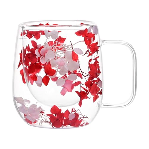 Shitafe Doppelwandige Gläser mit Trockenblume, Doppelwandige Kaffeetassen, Trockenblumen Kaffeetassen, Kreative Doppelwandige Latte Macchiato Gläser, Trockenen Blumen Glasbecher für heiße und kalte von Shitafe