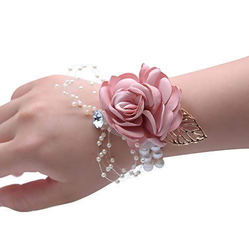 Shiwaki 2 Stück Blume Mädchen Brautjungfer Handgelenk Blume Braut Seide Handgelenk Blume Hochzeit Ball Hand Blumen Dekor Geschenke (Champagner Rosa) von Shiwaki