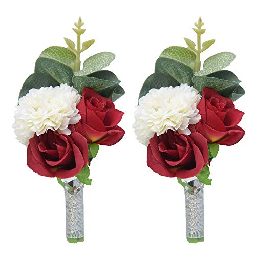 Shiwaki 2 Stück Hochzeits-Dekoration Mädchen Brautjungfer Knopfleiste, Ball, Party, Corsage, Dekoration für Hochzeit, Geschenk (rot) von Shiwaki