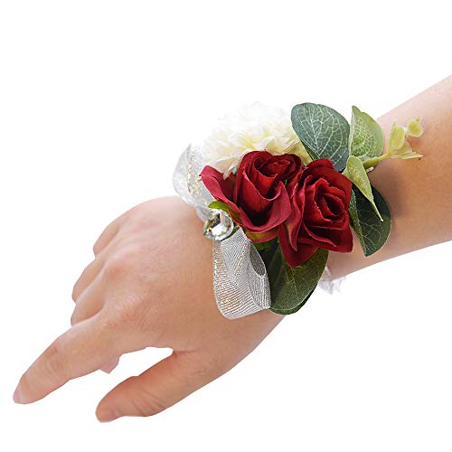 Shiwaki 2 Stück Hochzeitszubehör Dekoration Mädchen Brautjungfer Handgelenk Blumen Ball Party Handgelenk Blumen Hochzeit Dekoration Geschenke (rot) von Shiwaki