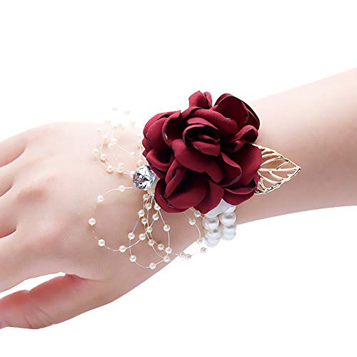 Shiwaki 2pcs Flower Girl Brautjungfer Handgelenk Blume Braut Seide Handgelenk Blume Hochzeit Prom Hand Blumen Dekor Geschenke (Rotwein von Shiwaki