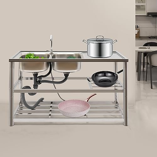 2 Becken Gastronomie Edelstahl SpüLe Gewerbe KüChen Drehbare Wasserhahn Multifunktions Wasch Tisch SpüL Commercial Regal Mit Abflusseinheit Paletten FüR CaféS Kantinen Silber Rechteckig 120*45*80Cm von Shiyinge