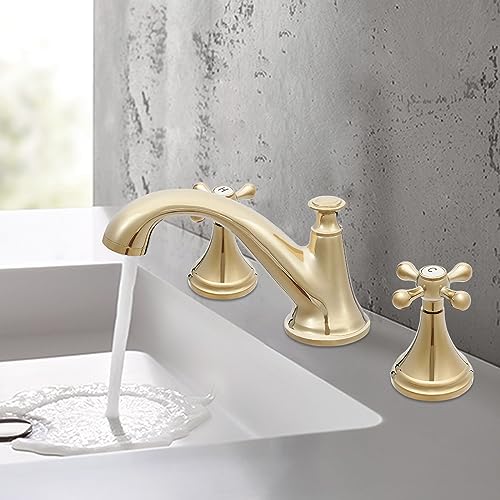 3-Loch 2-Griff Waschtischarmatur Wasserfall Wasserhahn Waschbecken Mischbatterie Waschtischbatterie Washbasin Mixer Tap Kalt Und HeißWasser Kupfer Edelstahl FüR Bad KüChen Tischplatte Luxus Gold von Shiyinge