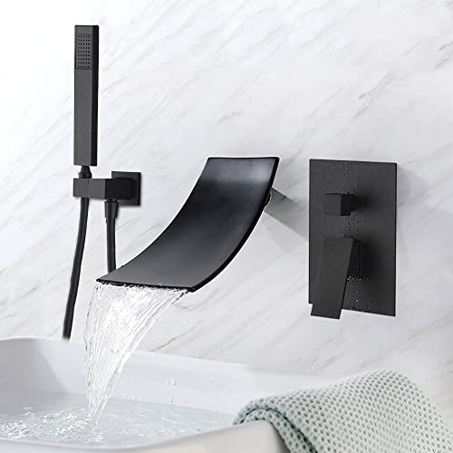 3 Loch Badewannenarmatur Duschset Wasserfall Duscharmatur Badwasserfall Brause Wasserhahn Mischbatterie Bad Armaturen Badewanne WasserhäHne Mit Handbrause Doppel Griff Wand Montiert Messing Schwarz von Shiyinge