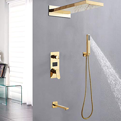 3-Wege Duschsystem Mit Thermostat Duscharmatur Regendusche Duschset Handbrause Unterputz Mixer Bad Kopfbrause Wandmontage Duschpaneel Armatur Wasserfall Edelstahl Mischbatterie Dusch LEd Gold von Shiyinge