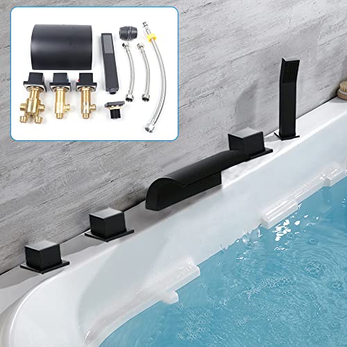 5Loch BadeZimmer Wannenarmatur Wasserfall Duschset Wasserhahn Narmatur Drei Griff Set Wannen Randarmatur Fliesen Dusch Narmaturen Waschbecken WasserhäHne Armatur Mischer Amaturen Messing Schwarz von Shiyinge