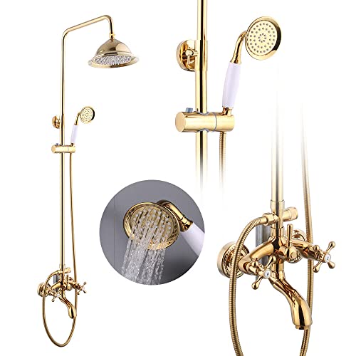 Duschset Antik Regendusche Duschsystem Armatur Handbrause Retro Nostalgie Dusch Modern Duscharmatur Set Dusche Gesetzt Wand Haengen Bad Wasserhahn Mischer Mit Kopfbrause Rund Mischbatterie Gold von Shiyinge