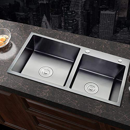 Edelstahl KüChenspüLe EinbauspüLe DoppelspüLe KüChe SpüLbecken Built In Sink Doppelbecken SpüLe Doppelwaschbecken Rechteckig Satz Mit Seifenspender Aus AbtropffläChe Set EdelstahlspüLe Eckig Schwarz von Shiyinge