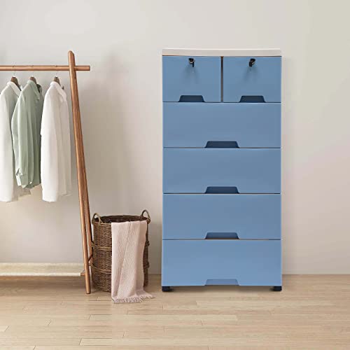 Kommode Aufbewahrung Standschrank Home Kunststoff Nachttisch Nachtschrank MöBel Regal Schubladenturm Freistehend Badezimmerschrank SchließFach Nachtkommode Schrank 6 Schubladen Mit 4 RäDer (Blau) von Shiyinge