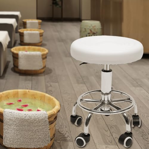 Rollhocker HöHenverstellbar Salon Drehbar Kosmetik Sitz BüRohocker Stuhl Arbeitshocker Werkstatt Drehhocker FüR Bars Spas Modern Rund Weiß Basis Mit Griff Eisenkreis 360°Schwenkrä Rollen Bis 150Kg von Shiyinge