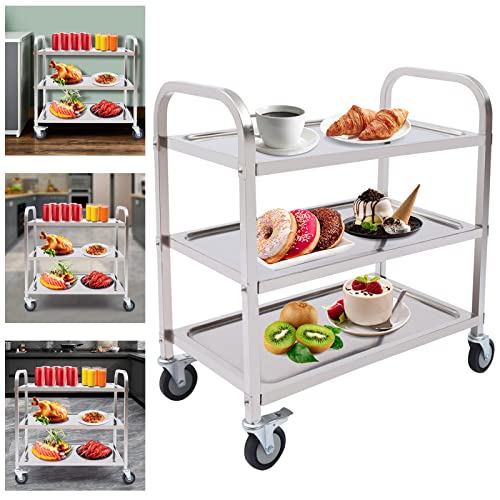 Servierwagen Edelstahl Teewagen KüChenwagen Rollwagen AbräUmwagen Transport Trolley Mit Rollen Allzweckwage Mahlzeit Service Geschirrwagen Catering Silber 3 Etagen 4 RäDer (75*40*83,5 cm) von Shiyinge