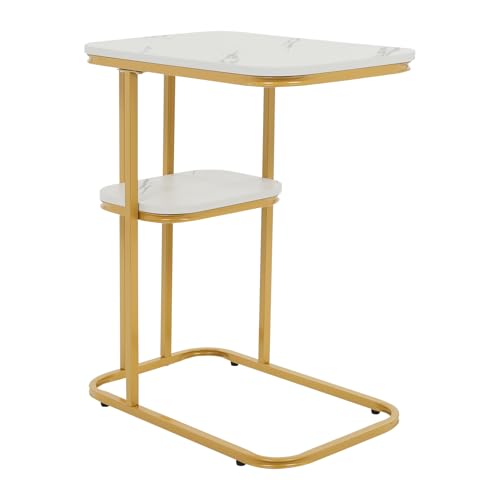 Shiyinge C förmiger Sofa Beistelltisch 2 stufiger Couchtisch Kleiner Nachttisch Laptoptisch für Schreibtischlampen Topfpflanzen Bücher Zeitschriften Getränke Snacks in Wohnzimmer Büro usw (Gold+Weiß) von Shiyinge