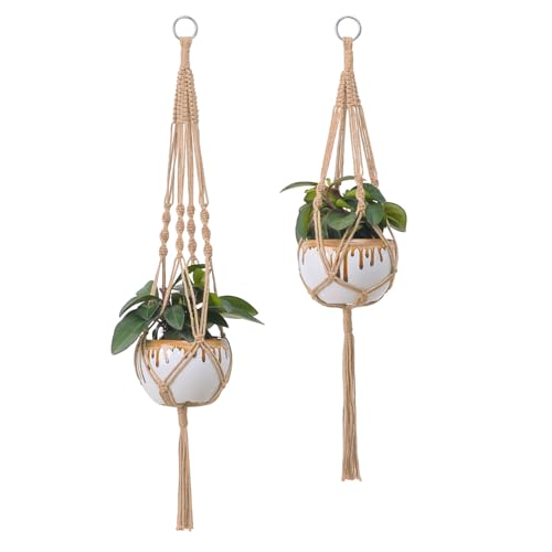 Shmziy Makramee-Pflanzenaufhänger für drinnen und draußen, dekorativer Boho-Pflanzenhalter für 12,7 bis 25,4 cm Blumentöpfe, gewebtes Hanfseil, Hängekorb für drinnen und draußen, Balkon, Decke, 2 von Shmziy