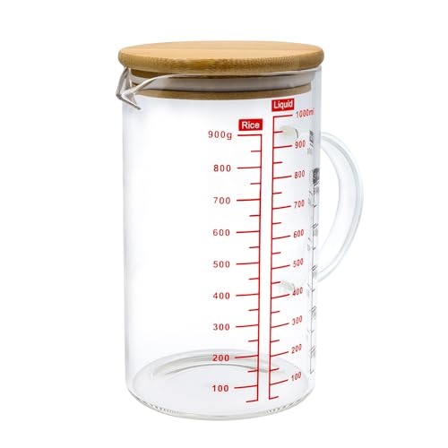 Messbecher 1L, Shodiffy Glass Messbecher Heat Resistant Glasbehälter mit Bambusdeckel Skalierung für Liter Milliliter Tassen und Gramm Transparent von Shodiffy