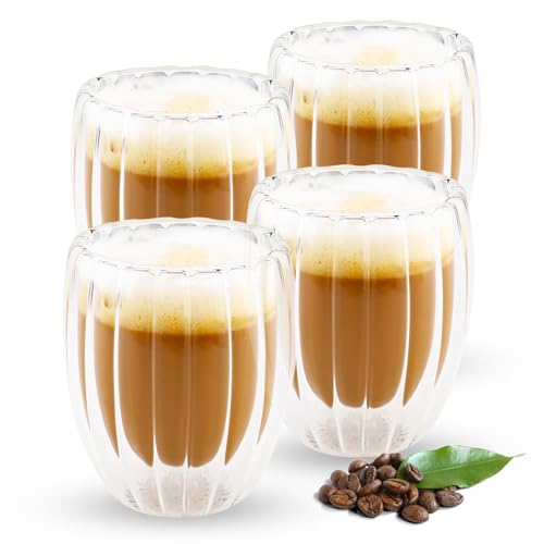 Gerippte Doppelwandige Kaffeegläser,4 Stück 330ML Latte Macchiato Gläser Cappuccino Tassen Für Lattes Tee Soda Wasser von Shodiffy