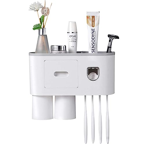 Shodiffy Zahnbürstenhalter, Zahnbürstenhalter zur Wandmontage mit Doppelter Automatischer Zahnpastaspender, 4 Pinselschlitzen, 2 magnetischen Bechern und Aufbewahrungs-Organizer Shodiffy Zahnbürstenhalter, Zahnbürstenhalter zur Wandmontage mit Doppelter Automatischer Zahnpastaspender, 4 Pinselschlitzen, 2 magnetischen Bechern und Aufbewahrungs-Organizer von Shodiffy