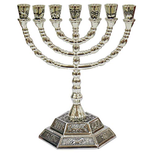 Menora mit 12 Stämmen von Israel, Jerusalem, Tempel, erhältlich in 3 Größen, Gold oder Silber (Silber, 12,7 cm) von Shofars From Afar