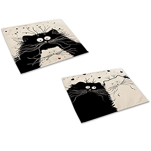 ShopINess Lustige Katze Tischsets für Esszimmer Tischtücher Schwarze und weiße Tischdecken im amerikanischen Stil für Katzenliebhaber (2er-Pack: Katze & Kätzchen + Katzen in Love) von ShopINess