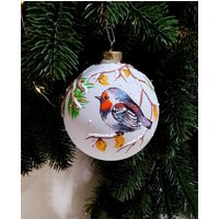 Handbemaltes Christbaumglas, Vogel Handbemalt in Xmas Vintage Weiße Weihnachtskugel Durchmesser - 10cm, Weihnachtsbaumschmuck von ShopVintageUA