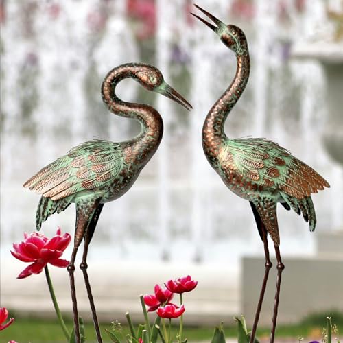 Shorayn Garten-Kranich-Statuen, Blaue Reiher-Skulpturen für den Außenbereich, Kraniche Dekor Metallvogel, Edelrost Gartenkunst Rasenornamente für Hof, Terrasse, Veranda, Außendekorationen von Shorayn