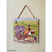 Wandbehang Rotweinflaschen/Käse Trauben Picknickkorbschild, Küchenschild Aus Holz Der Provence, Schild Für Die Küche Vom Land von Shoshovche