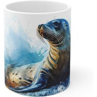 Robbe Am Wasser Aquarell Tasse - Meeresmotiv Design Becher 330Ml/440Ml Für Meerestierliebhaber Und Naturbegeisterte von Shotspace