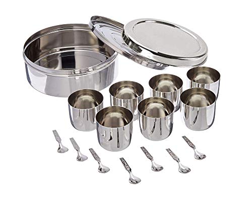 Shourya Trading Edelstahl Gewürzbox-Set mit 7 Behältern, 7 Löffeln und Doppeldeckel, modern, Größe Nr. 12 von Shourya Trading