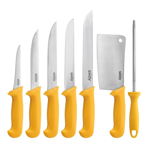 Shov Küchenmesser Set – Premiumqualität | Profi Küchenmesser | Kochmesser Set | Fleischmesser | Ausbeinmesser | Scharf & Robust | Für Profis & Hobbyköche (7, mit Beil und Schleifstab) von Shov