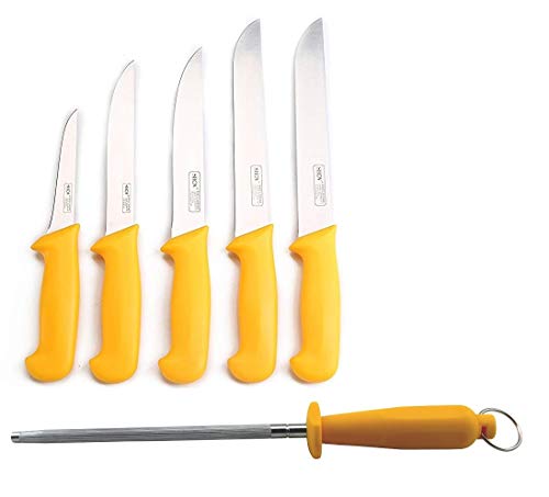 Shov Metzgermesser Küchenmesser Schlachtermesser Stechmesser Messer 6 teilig Edelstahl Rostfrei Profiqualität Gelb Wetzstahl Gelb von Shov