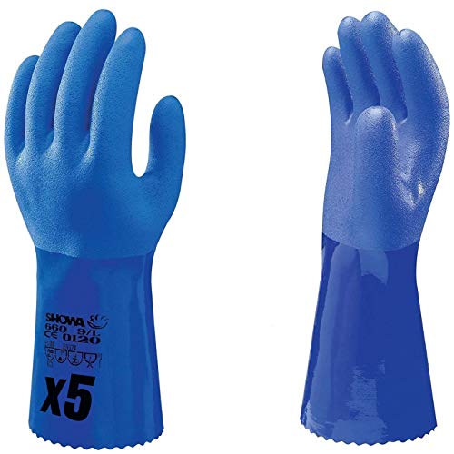 SHOWA 660 Baumwollträgergewebe Chemikalienschutzhandschuh mit kompletter PVC Beschichtung und besonders rauem Finish, Blau, 5 Paar, Größe M (8) von SHOWA