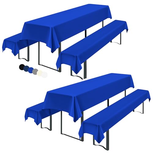Showgeous 2 Sätze Biertischhussen Set 3tlg. Hussen für Bierzeltgarnitur- 2 Biertisch Tischdecke universal für 50cm u.70cm Biertische 250x100cm+ 4 Bierbank Hussen 250x55cm,Dicker Wasserfest(Königsblau) von Showgeous