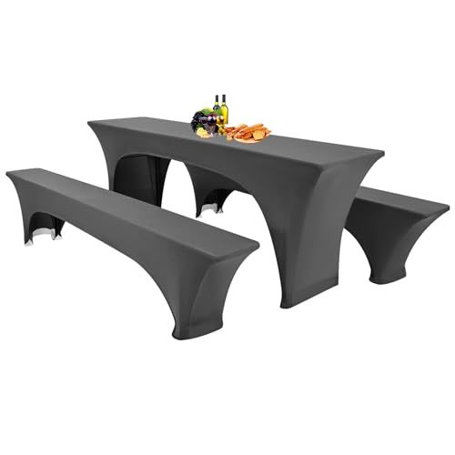 Showgeous 3 Stück dunkelgraue Biertischhussen Stretch-Biertisch- und Hockerhussen-Set für 50 cm Tischbreite Bierzelt-Set 220 x 50 x 80 cm für Bankett-Gartenmöbel im Freien von Showgeous
