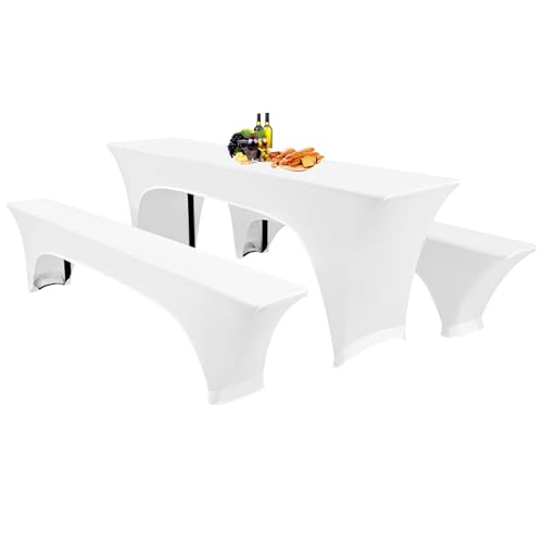 Showgeous 3 Stück weiße Biertischhussen Stretch-Biertisch- und Hockerhussen-Set für 50 cm Tischbreite Bierzelt-Set 220 x 50 x 80 cm für Bankett-Gartenmöbel im Freien von Showgeous
