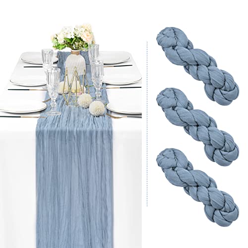 Showgeous 3er-Pack Käsetuch-Tischläufer, Gaze-Tischdecke, 400cm lang, halbdurchsichtiger Tischläufer, Boho- oder rustikale Hochzeits-Tischdekoration für Hochzeitsdekoration, Party (staubiges Blau) von Showgeous