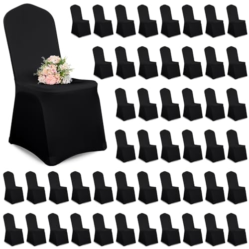 Showgeous 50 Stück Stuhlhussen Schwarz Polyester Spandex Lycra Stretch Stuhlhussen Universelle Waschbare Stuhlhussen für Hochzeitsfeier Esszimmer Bankett Dekoration von Showgeous