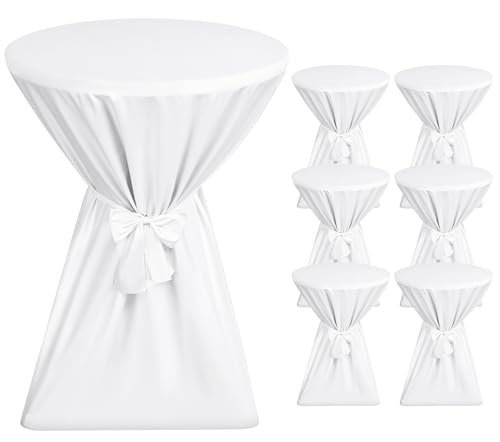 Showgeous 6er-Set Premium Stehtischhussen 70 cm Weiß: Rutschfeste, waschbare Tischhussen für Stehtische Ø 70-75 cm mit Verstärkungen an den Tischfüßen und Schleifenband von Showgeous