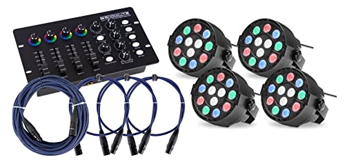 4x Showlite SPS-121 LED Smart Party Spot (3 rote, 3 grüne, 3 blaue und 3 weiße LEDs mit je 1 Watt Leistung, DMX Controller mit extra Farbdrehreglern, inkl. 3x 1m und 1x 10m DMX-Kabel) Schwarz von Showlite