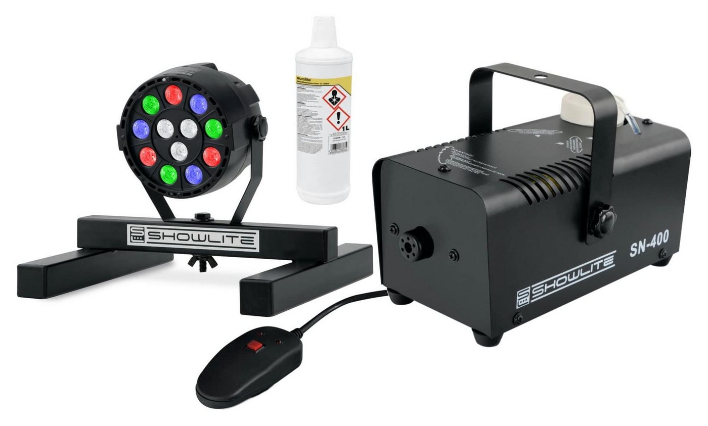 Showlite Discolicht SN-400 Nebelmaschine mit Licht und 1 Liter Fluid, Smoke Machine, LED fest integriert, RGBW, inkl. Smart Party Spot Scheinwerfer und Bodenstativ von Showlite