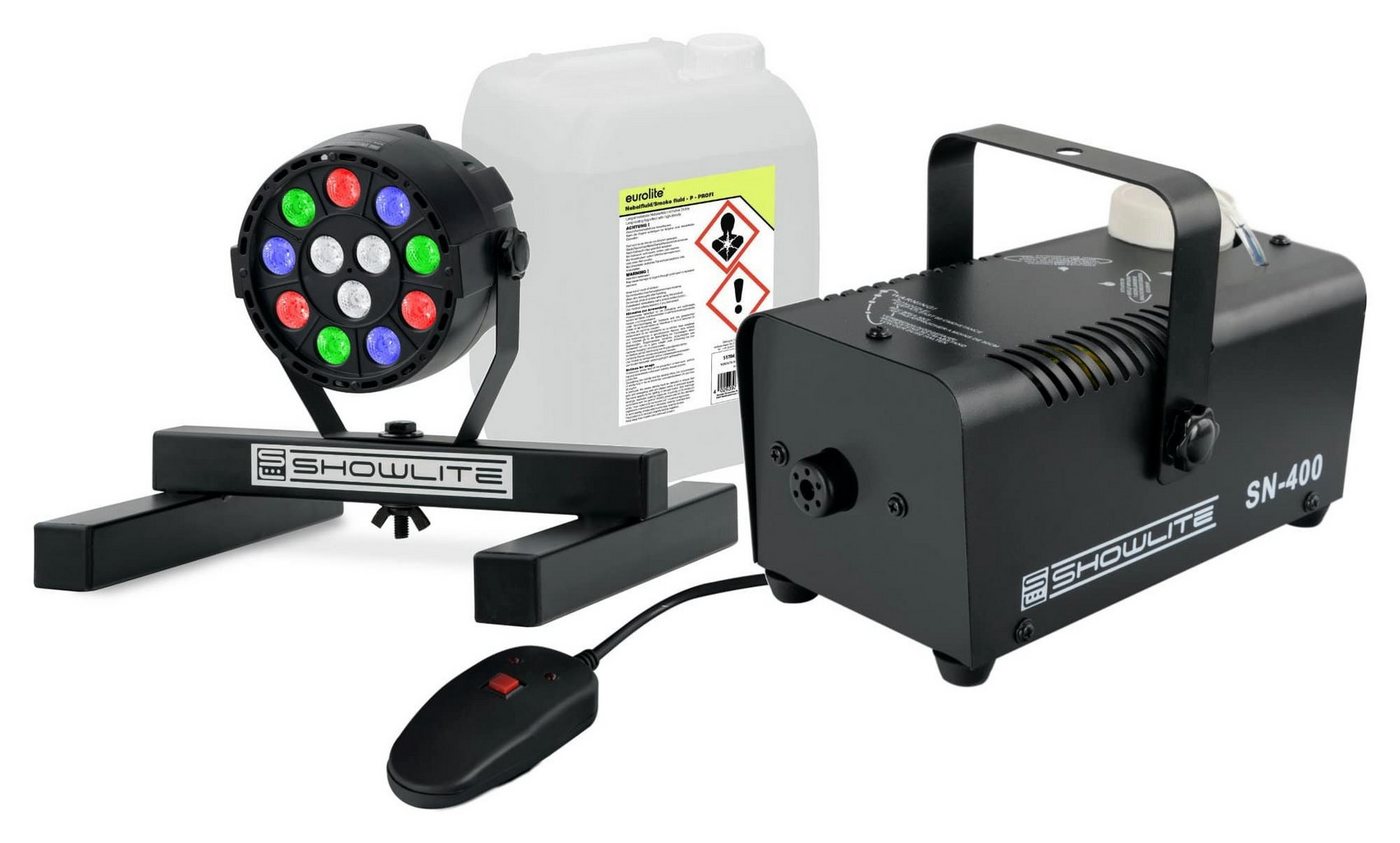 Showlite Discolicht SN-400 Nebelmaschine mit Licht und 5 Liter Fluid, Smoke Machine, LED fest integriert, RGBW, inkl. Smart Party Spot Scheinwerfer und Bodenstativ von Showlite