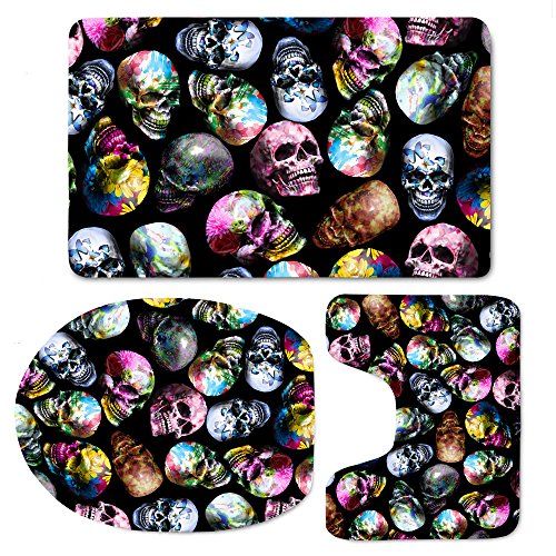 Showudesigns Badezimmer Badematte 3 Teilig Set Schädel Muster Bad Matte Teppich Für Toilettenzubehör Flanell Saugfähig Badteppiche Badvorleger Badgarnitur WC Vorleger - Skull Print von Showudesigns