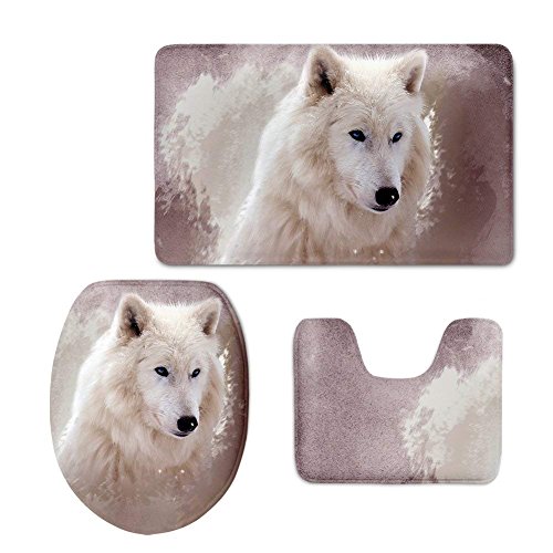 Showudesigns Wolf Badematten Set 3 teilig - 3 Stück Toiletten-Abdeckung Set Bad WC Set Sitzbezug (Bad Teppich + Pedestal Teppich + Toilettensitzabdeckung) von Showudesigns