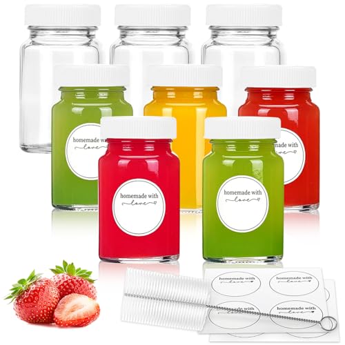 8pcs 2oz Glas Saft Flaschen mit Deckel und Etiketten, wiederverwendbares kleines klares Glas für Saft, Ingwer, Wellness Shot, Probe, Reise tragbare Mini Flaschen mit breitem Mund, auslaufsicher von Showvigor