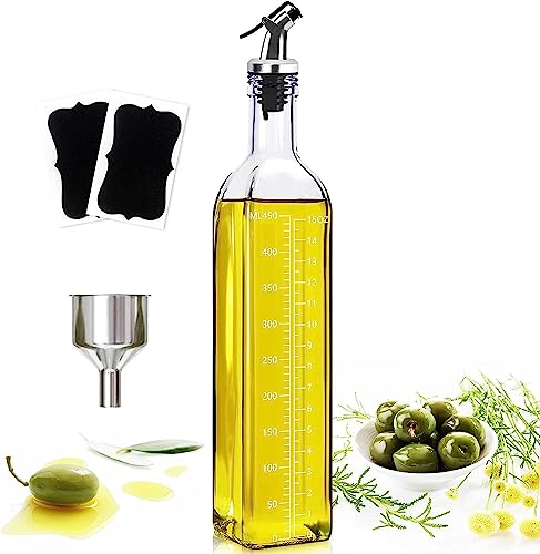 Showvigor Ölflasche, 500ML Essig und Ölspender Set mit Trichter, Antifouling-Abdeckung, Etikett, Olivenöl Flasche Behälter mit klarer Skala, Glasflasche für Küche und BBQ von Showvigor