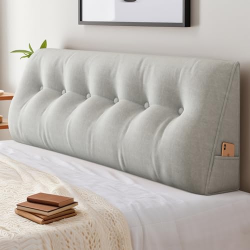 Rückenkissen Lesekissen Bett Keilkissen Großes für Bett und Sofa 2 in 1, Rückenlehne und Kopfkissen mit Seitenfach, Bezug Abnehmbarem und Waschbarem (100 * 50 * 20cm, Hellgrau) von ShowyLive